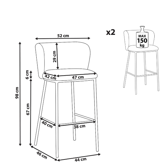 Kitchen Island Stools High Chairs / Sets of 2 / Grey Boucle and Black