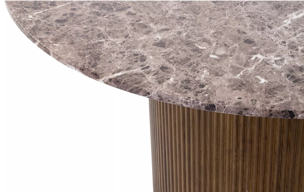 Round Brown Marble Look and Ribbed Base Dining Table