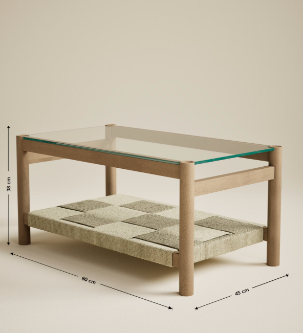 Solid Wood, Glass and Woven Rope Coffee Table with Storage Shelf