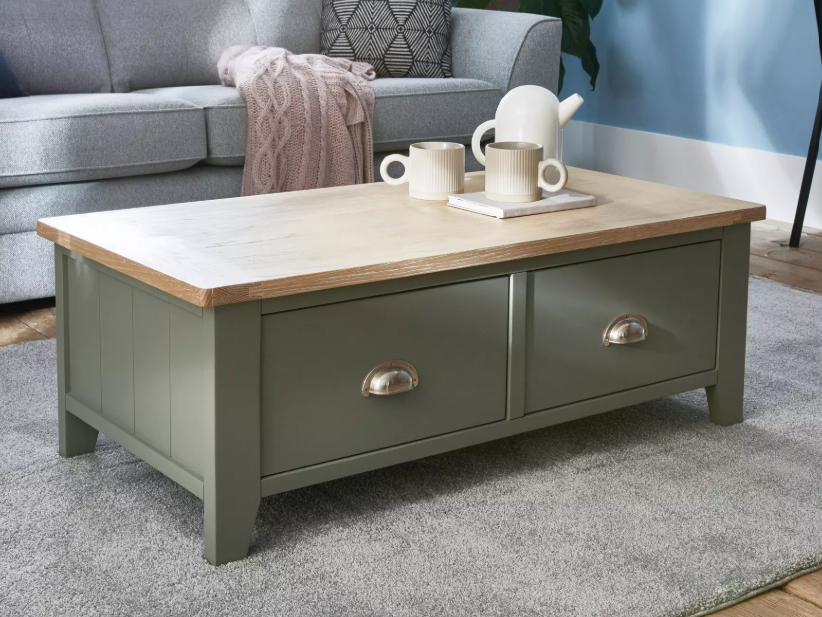 Solid Oak Top and Painted Green Coffee Table with storage drawers