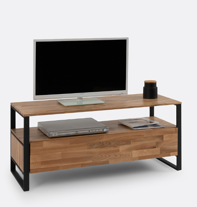 Solid Oak and Black Metal Steel TV Stand with storage / Industrial Style