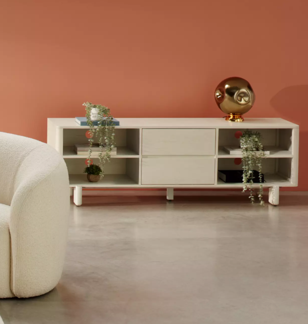 Off White Washed Wood Tv Stand / Sculptural Tv Unit with block legs