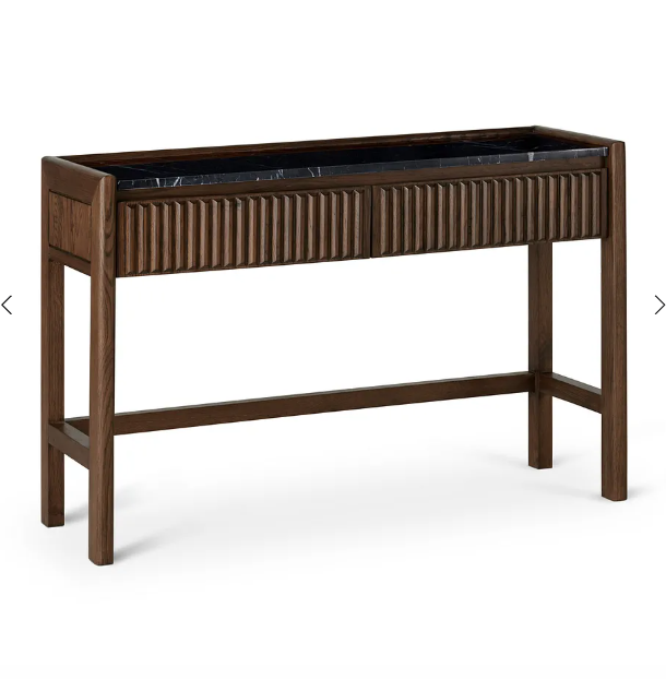 Solid oak and black marble console table / vanity desk / Ribbed front
