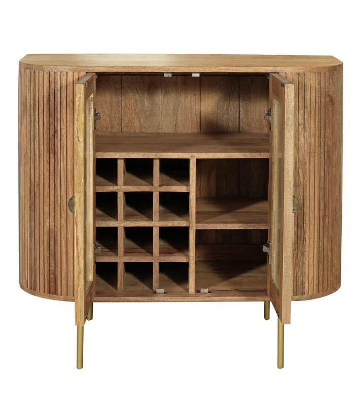 Solid Mango Wood Drink Cabinet with 2 Glass Ribbed Doors