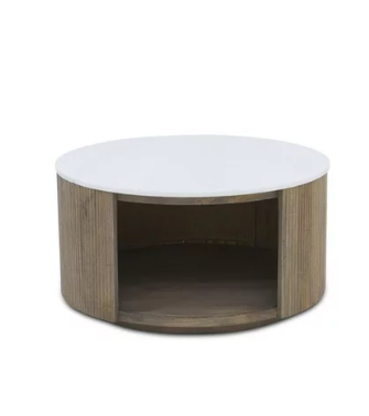 Round Solid Wood and White Marble Storage Coffee Table / Ribbed Base