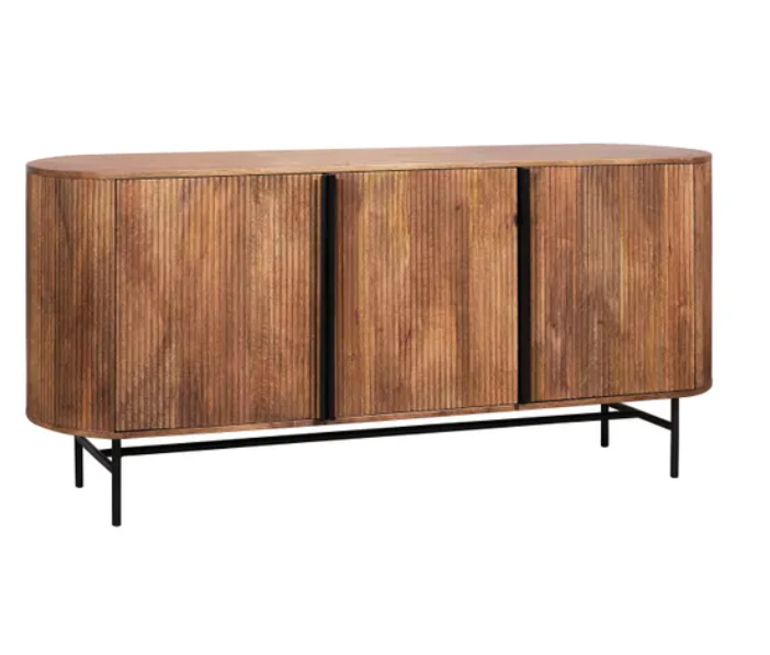 Large Solid Mango Wood Sideboard with 3 doors / Oval Shaped, Grooved Ribbed Wood