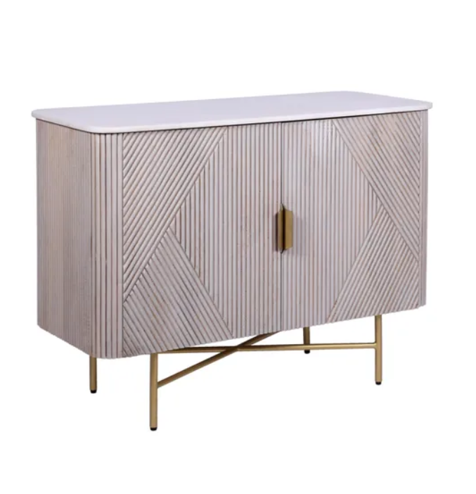 White Marble and Solid Wood Ribbed Door Grey Cabinet / Small Sideboard