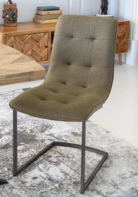 Set of 2 Dining Chairs - Green Khaki Fabric and Black Metal Frame