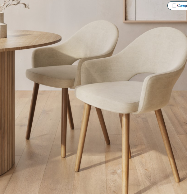 Beige Chenille Dining Chairs with Arms and Oak Legs, Set of 2