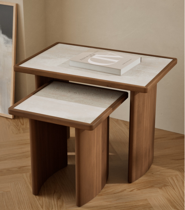 Nest of Tables / Solid Acacia wood and Travertine