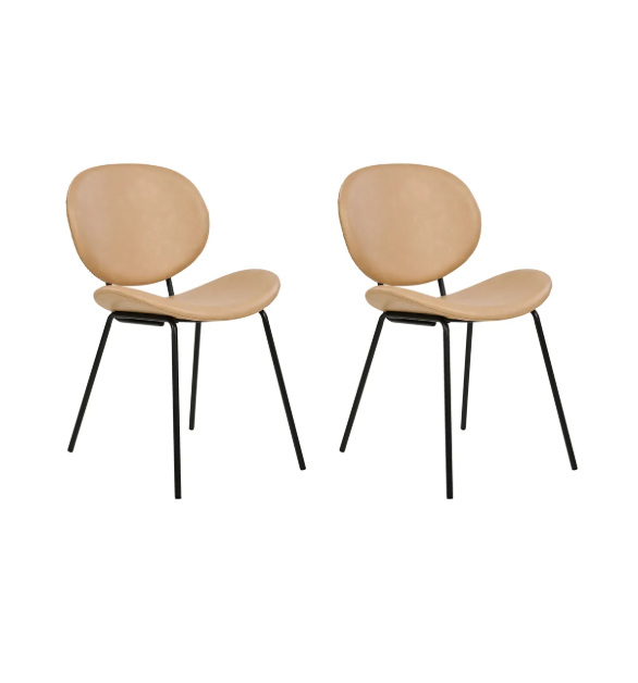 Sand / Beige Faux Leather and Black Metal Dining Chairs / Bistro Style, set of 2