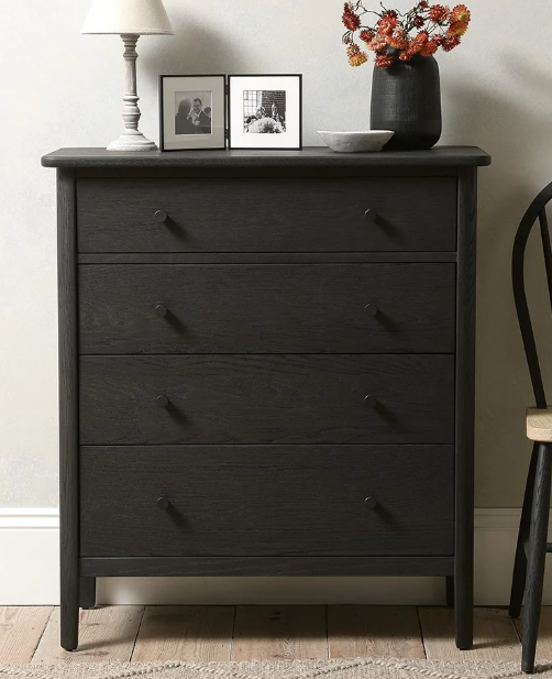 Black Solid Wood High Chest of 4 Drawers