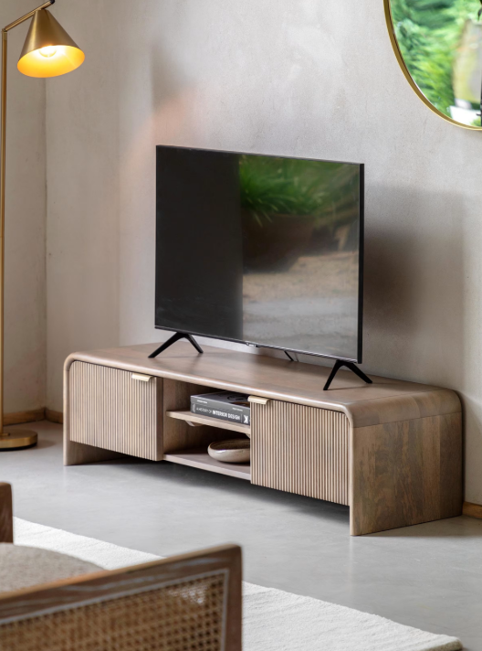 Washed Grey Solid Wood Low Tv Stand with curved edges and ribbed doors