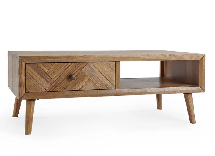 Solid Oak Coffee Table with Drawers and Shelf / Parquet Front