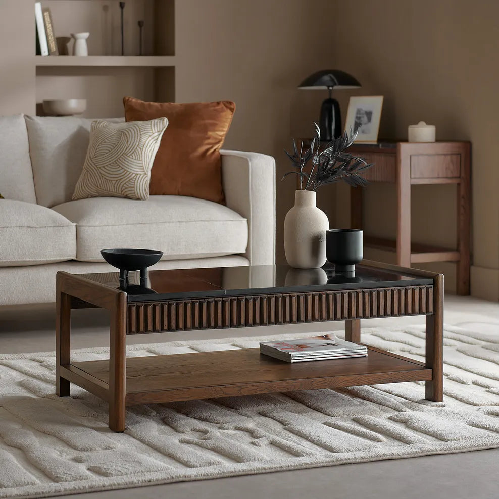 Dark wood and black marble coffee table with storage