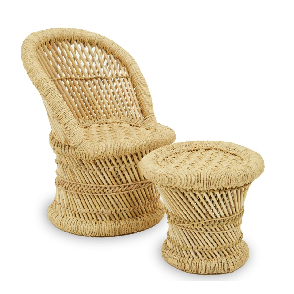 Children's Kids Natural Bamboo Rattan Chair And Stool