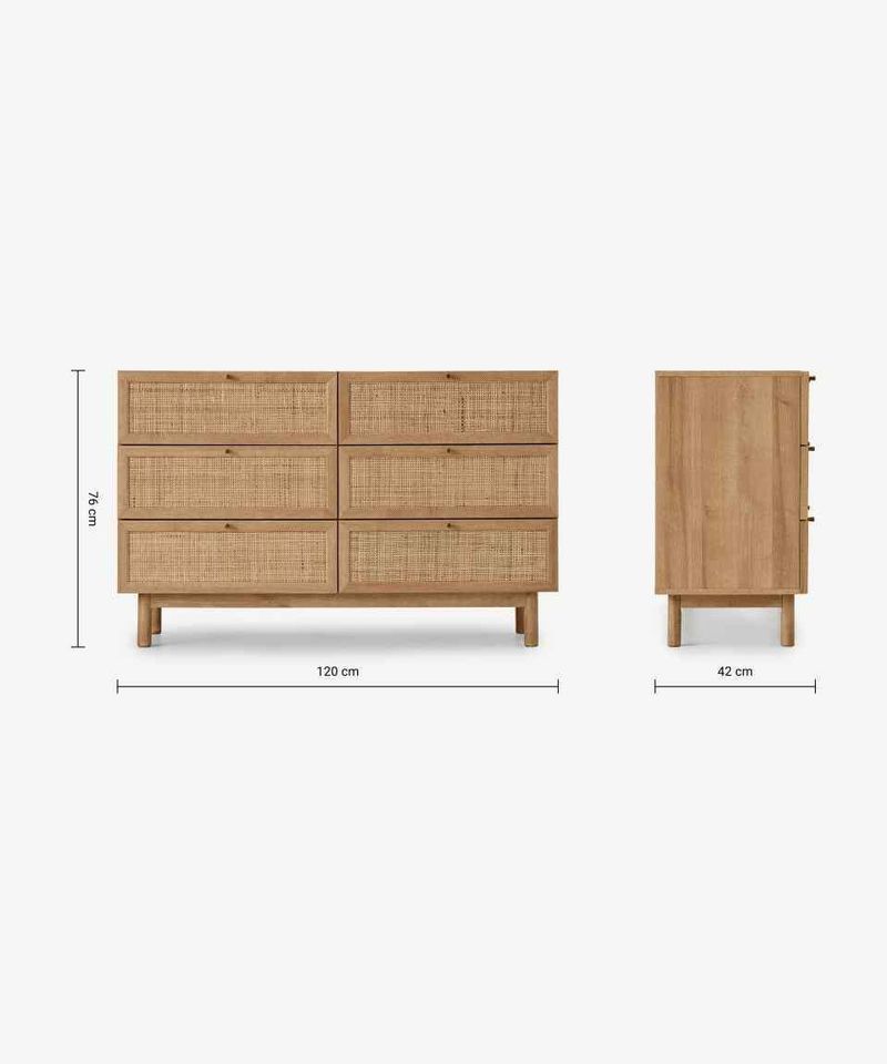 Oak and rattan wide chest of drawers