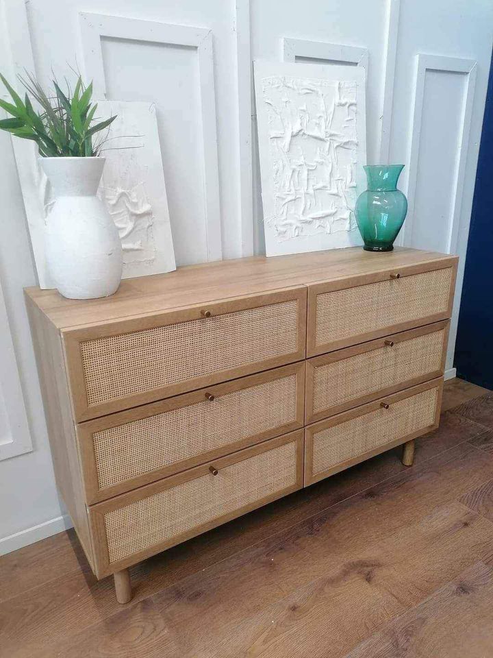 Oak and rattan wide chest of drawers
