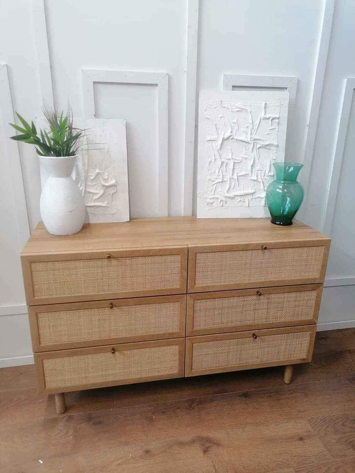 Oak and rattan wide chest of drawers