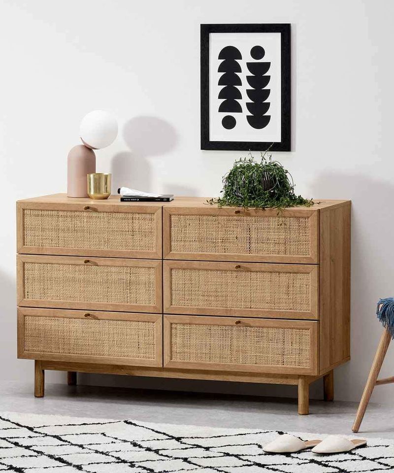 Oak and rattan wide chest of drawers