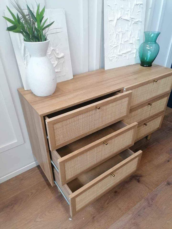 Oak and rattan wide chest of drawers