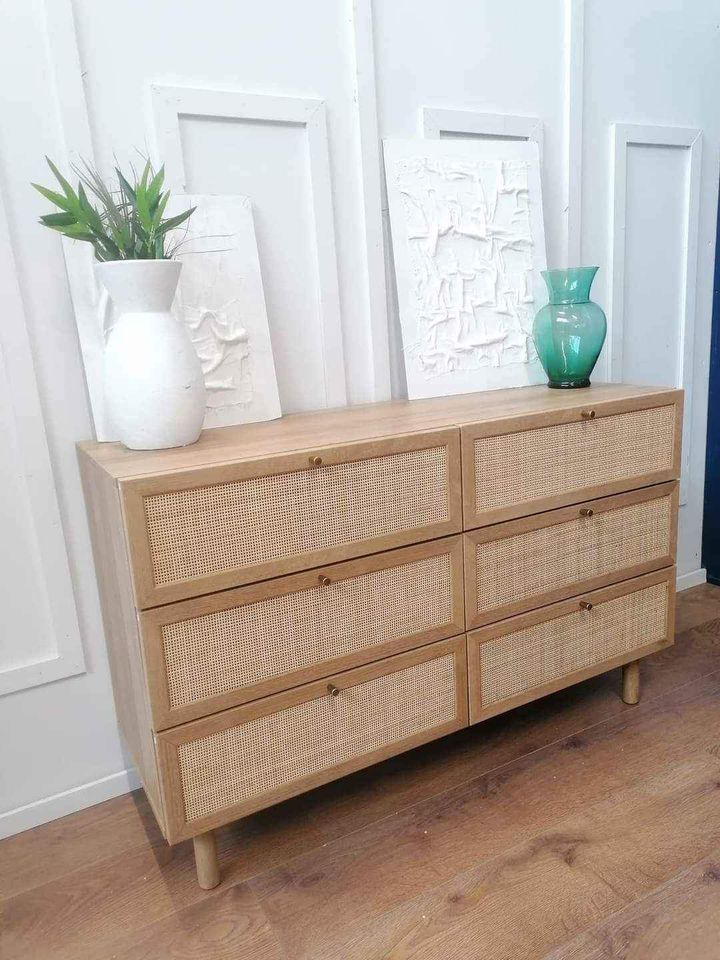 Oak and rattan wide chest of drawers