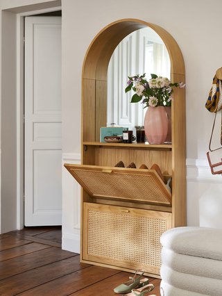 Oak and Rattan Arched Shallow Shoe Storage Hallway Cabinet