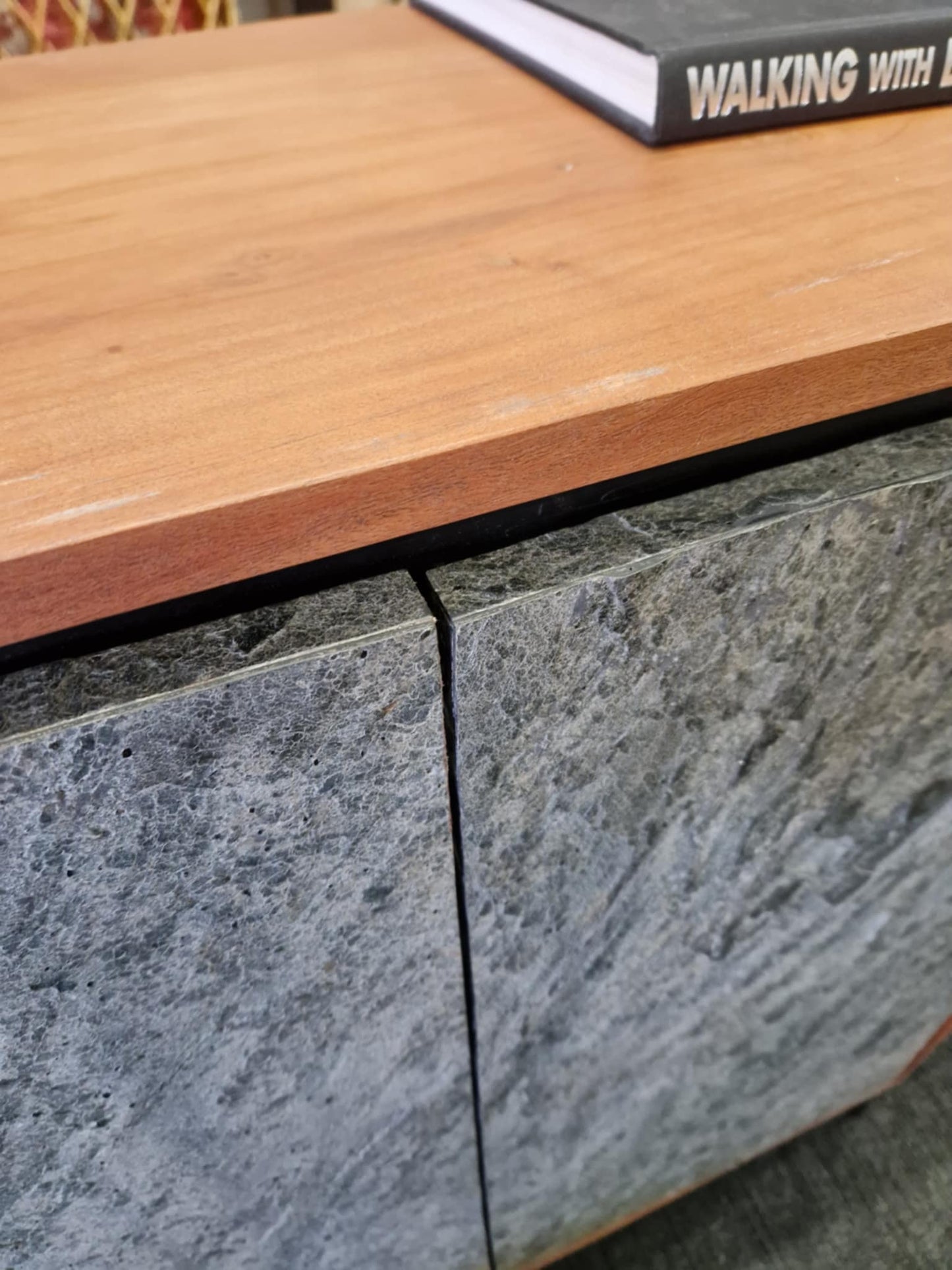 Stone and Solid Acacia Wood Small Cabinet
