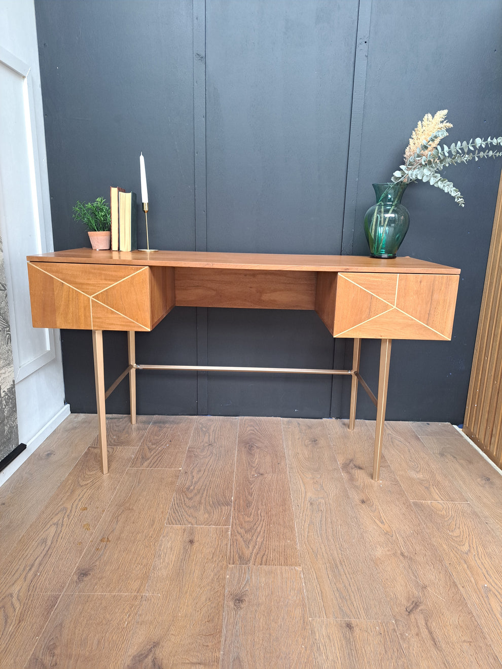Acacia Wood and Gold Desk John Lewis + Swoon Mendel ExdiFurniture