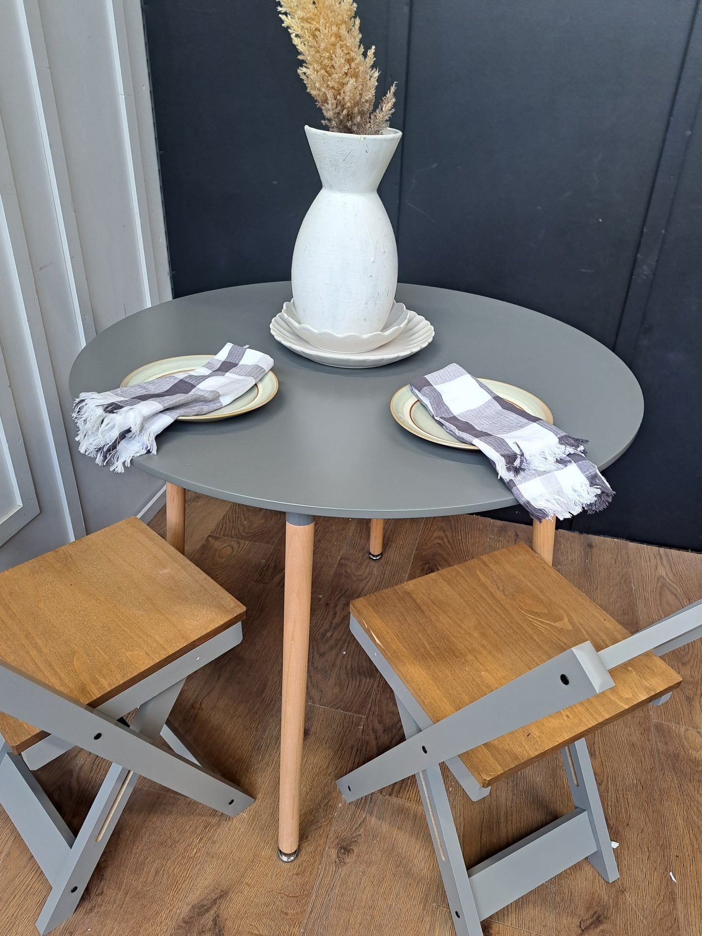 Grey and solid wood circular round dining table