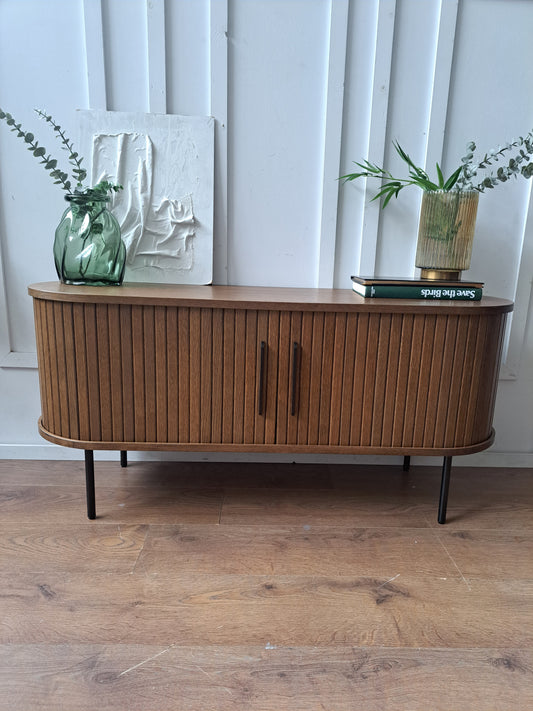 Slatted Sliding 2 Door Tv Unit Lowboard Smoked Oak / Walnut