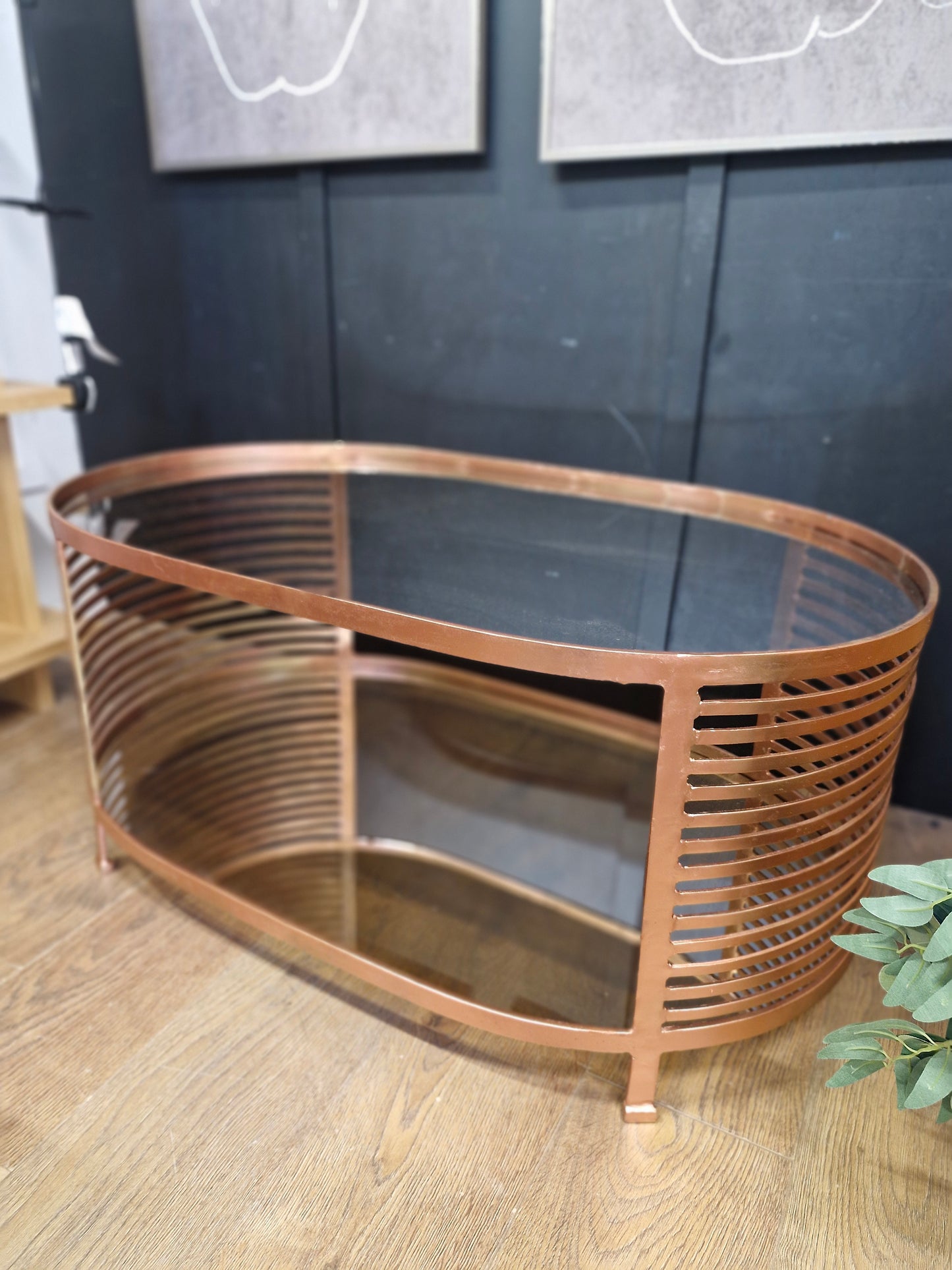 Oval Coffee Table / Rose Gold Coffee table metal frane and smoked glass top with shelf