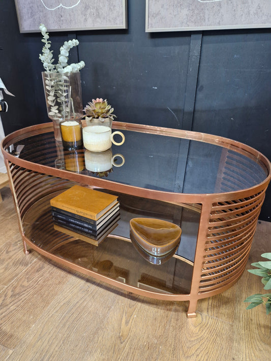 Oval Coffee Table / Rose Gold Coffee table metal frane and smoked glass top with shelf
