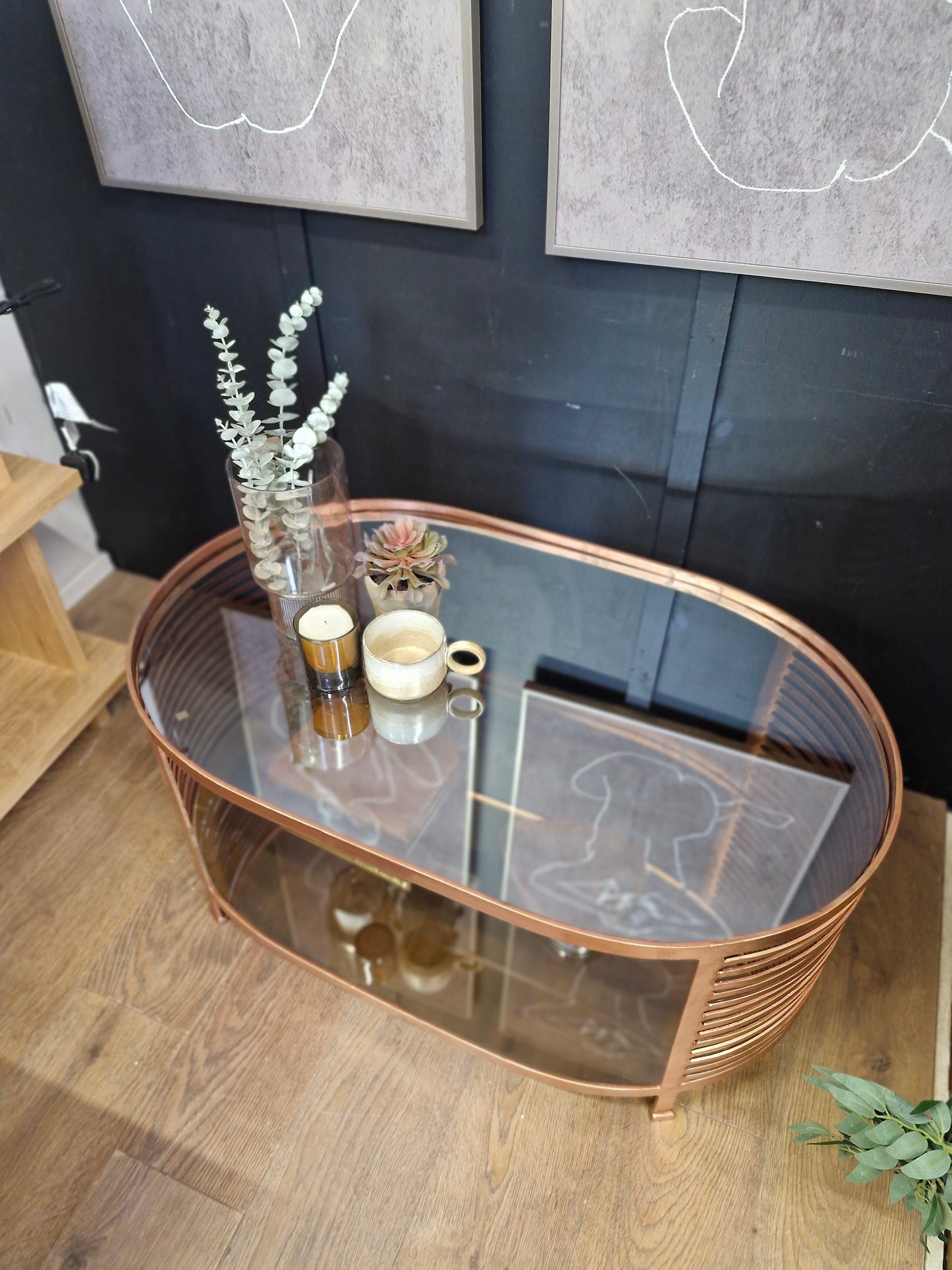 Oval Coffee Table / Rose Gold Coffee table metal frane and smoked glass top with shelf