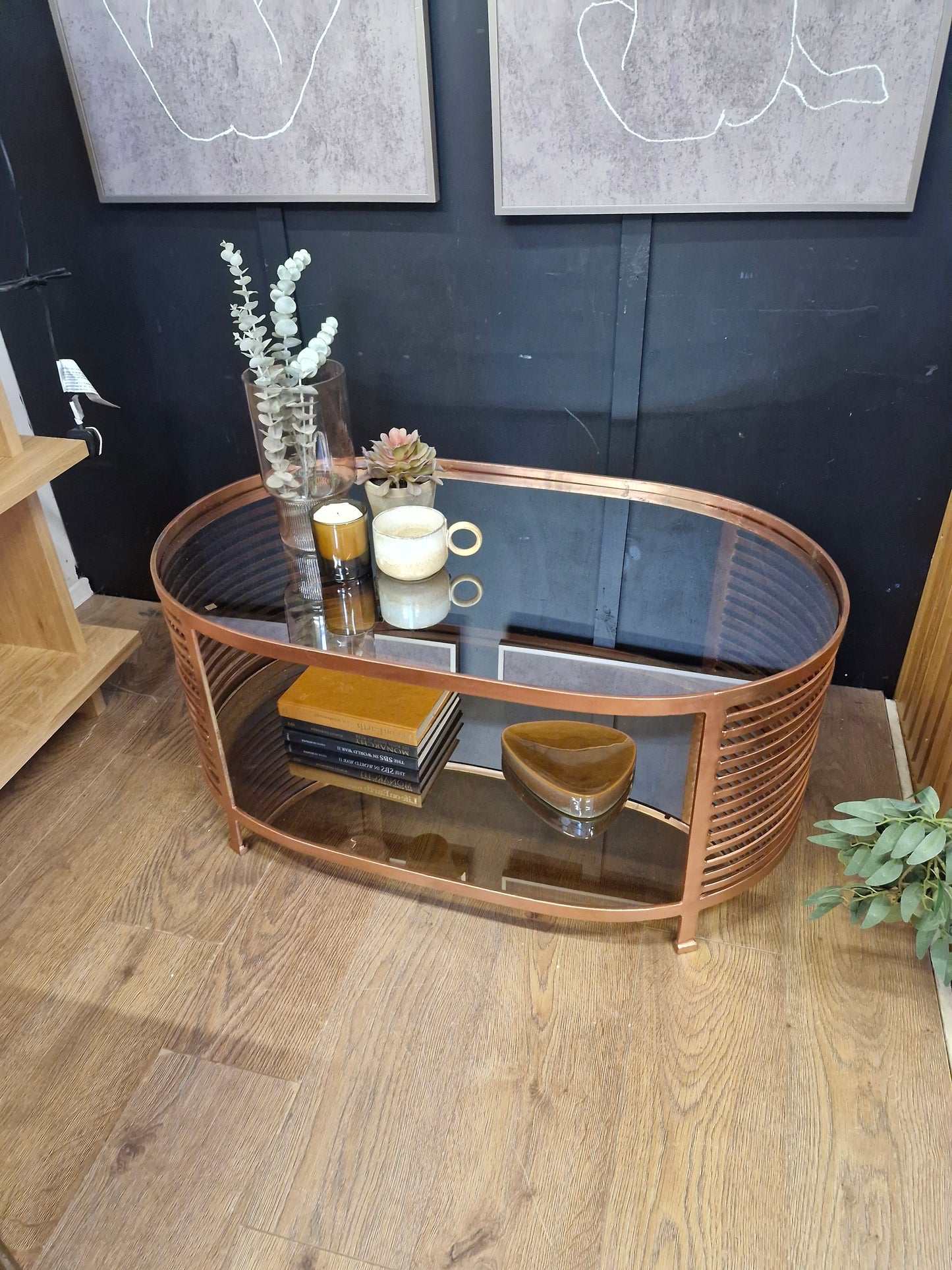 Oval Coffee Table / Rose Gold Coffee table metal frane and smoked glass top with shelf