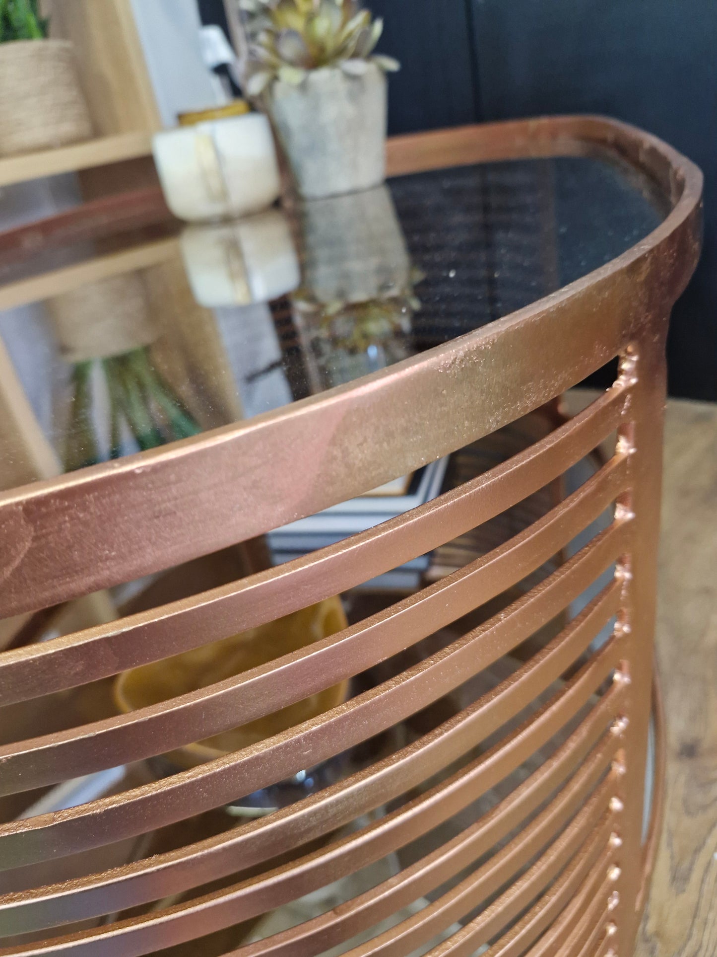 Oval Coffee Table / Rose Gold Coffee table metal frane and smoked glass top with shelf