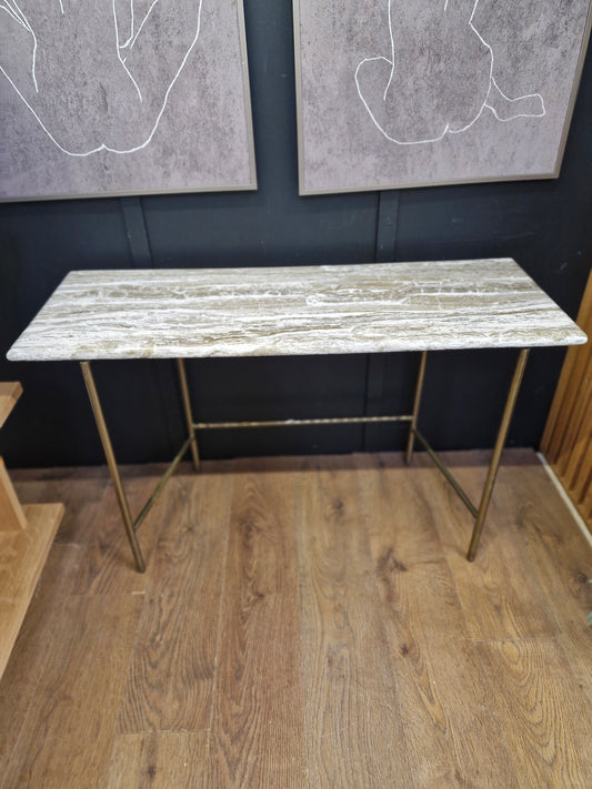Marble effect console table with brass legs