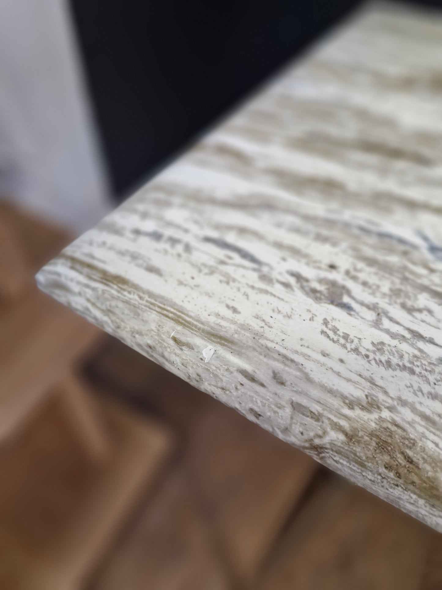 Marble effect console table with brass legs