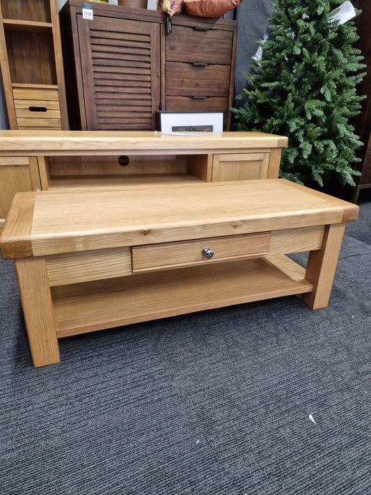 Oak Coffee Table with Storage Shelf and Drawer