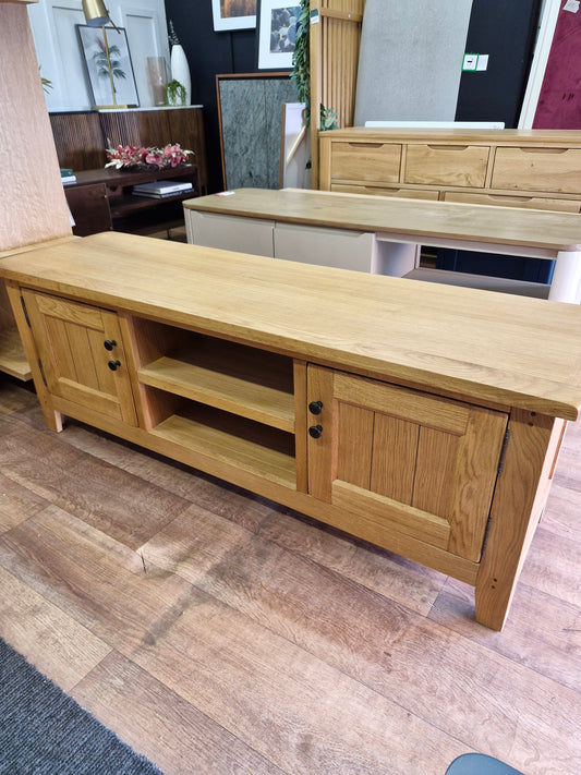 Solid Oak TV Stand 2 doors and open shelf and metal handles
