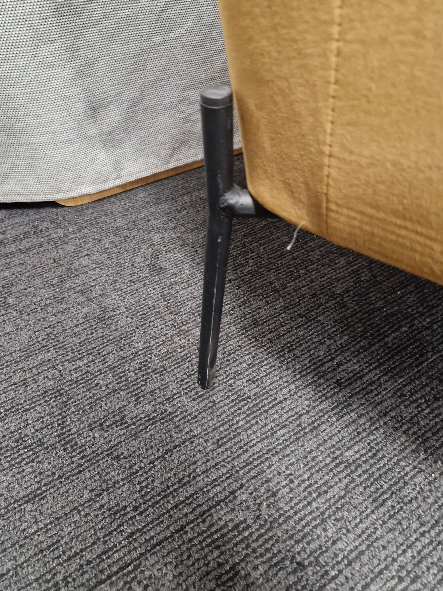 Mustard velvet armchair and black metal legs