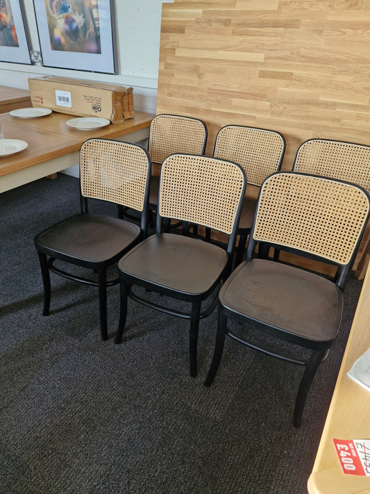 Solid wood black frame and rattan back dining chairs/ set of 6
