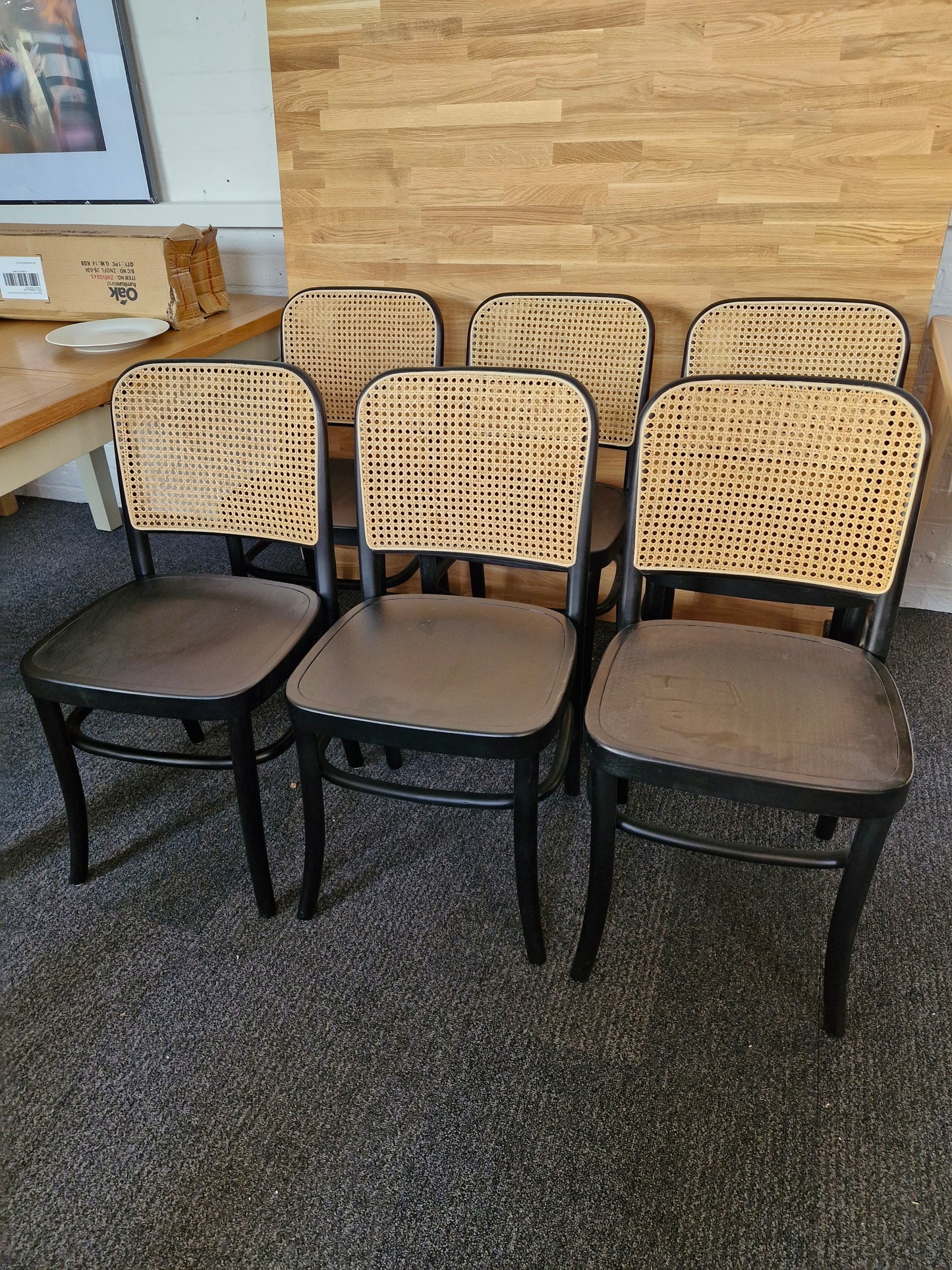 Solid wood black frame and rattan back dining chairs/ set of 6
