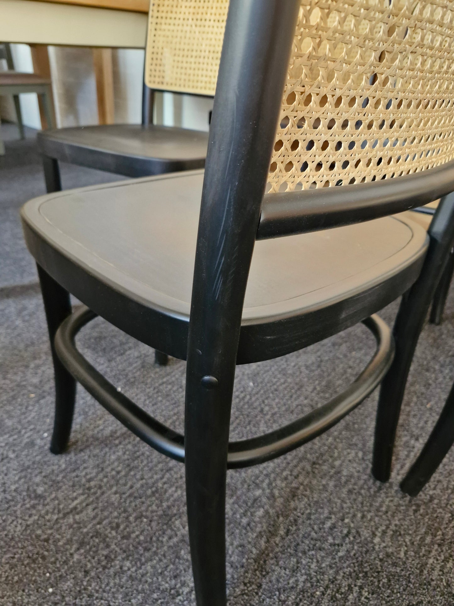 Solid wood black frame and rattan back dining chairs/ set of 6