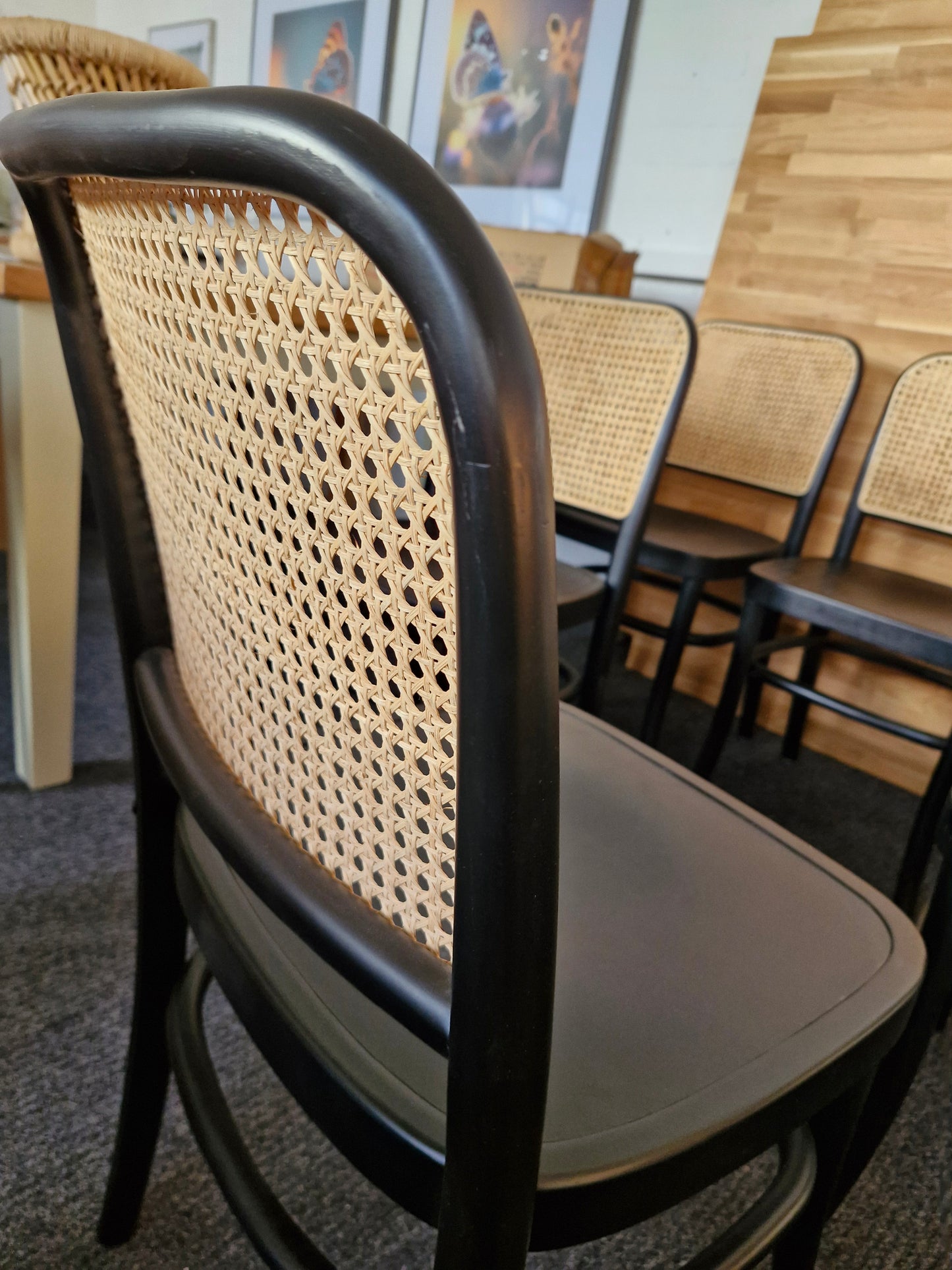 Solid wood black frame and rattan back dining chairs/ set of 6