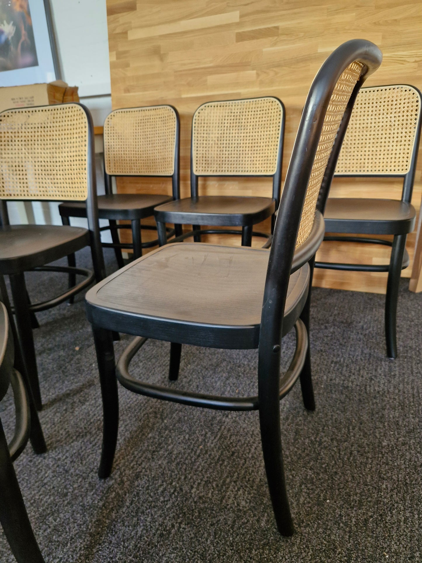 Solid wood black frame and rattan back dining chairs/ set of 6