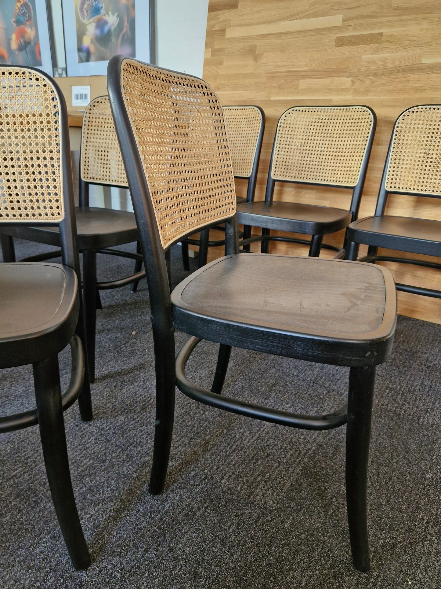 Solid wood black frame and rattan back dining chairs/ set of 6