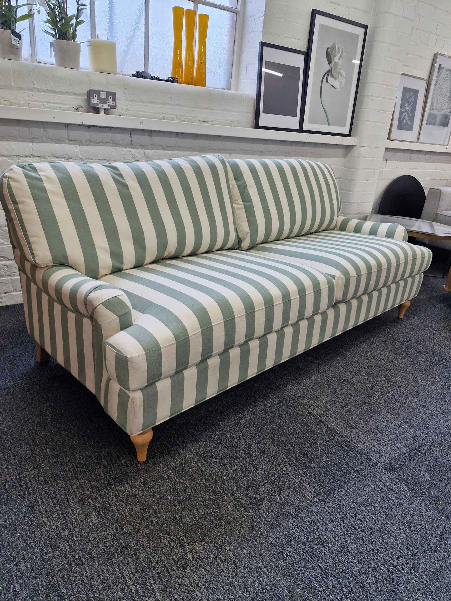 3 seater sofa- green and off white stripes
