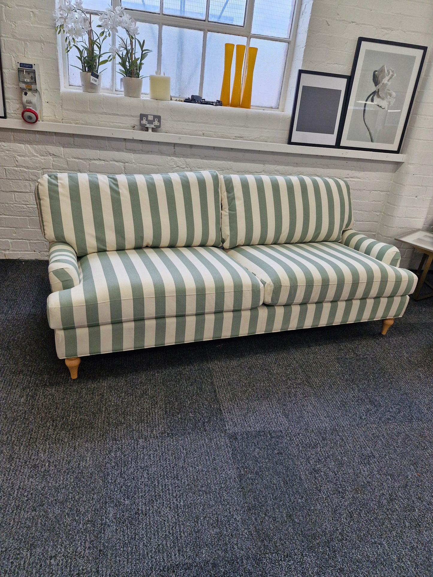 3 seater sofa- green and off white stripes