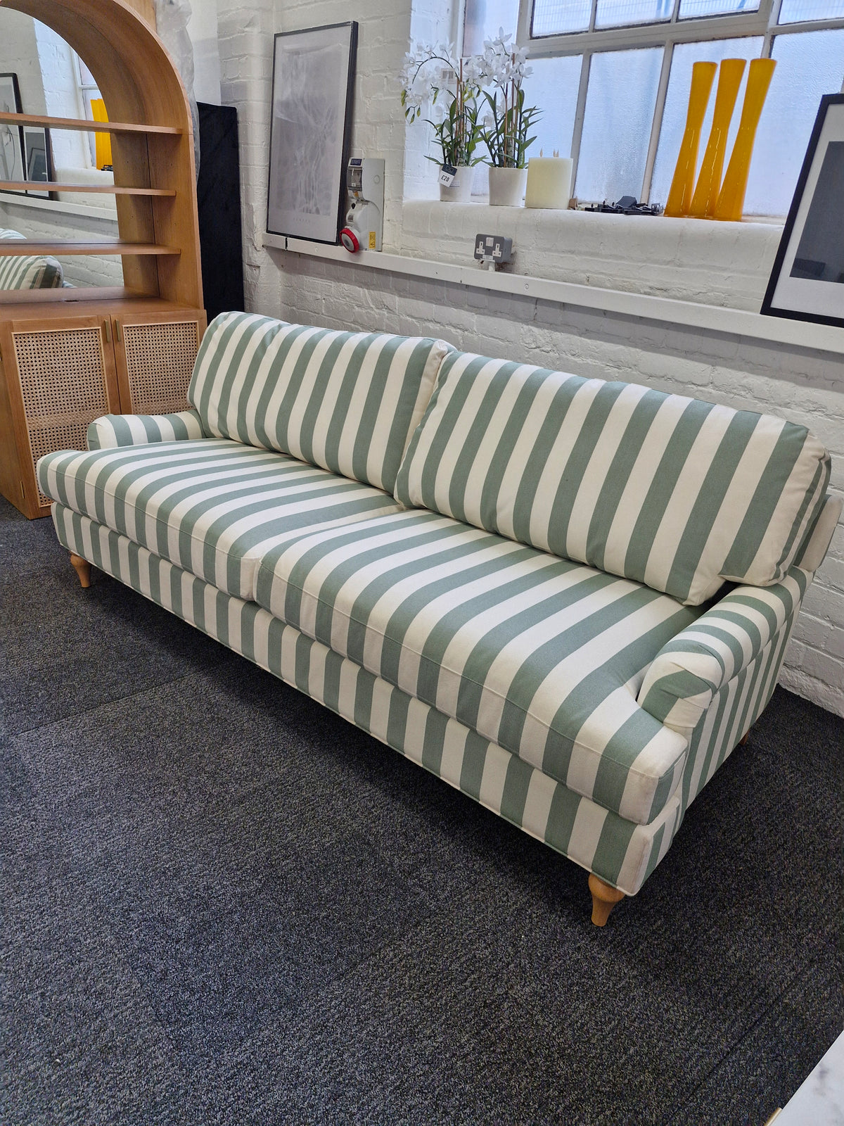 3 seater sofa- green and off white stripes
